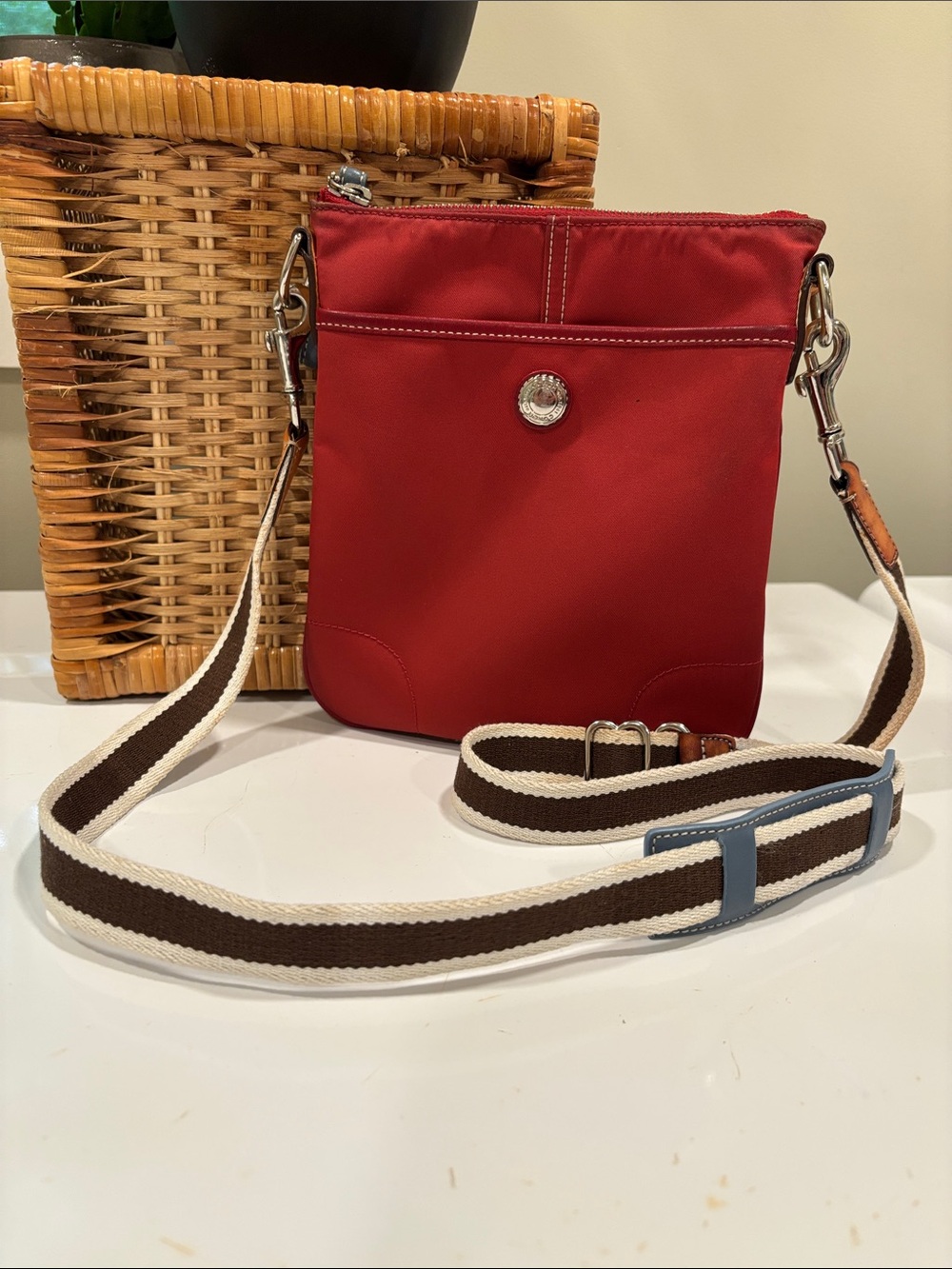 Coach Red Nylon Crossbody Bag with Striped Adjustable Strap